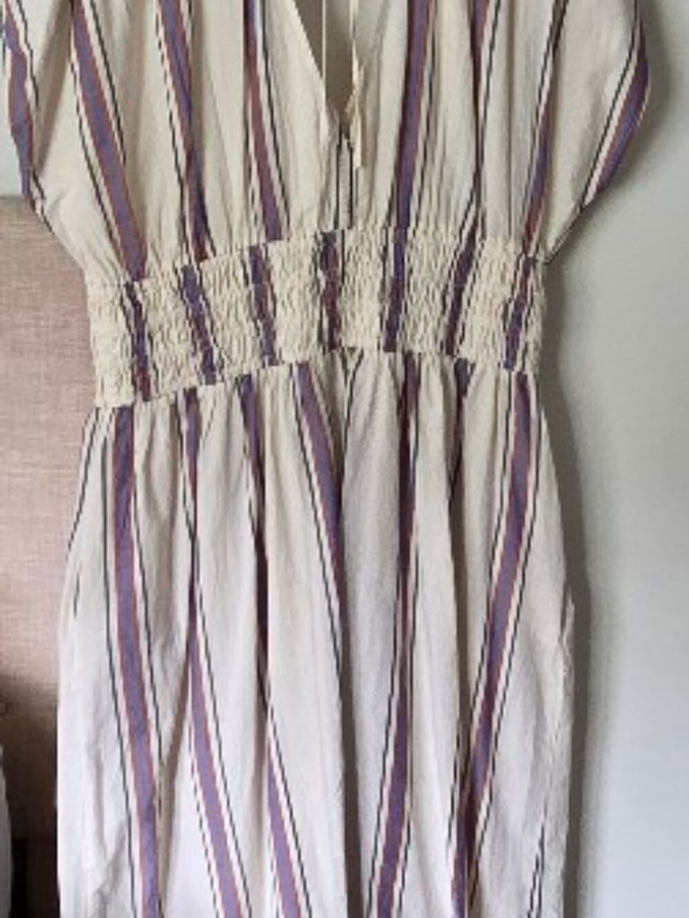Loft Beach Beige Striped V-Neck and Back with Tie and Smocked Waist Dress SZ XLP
